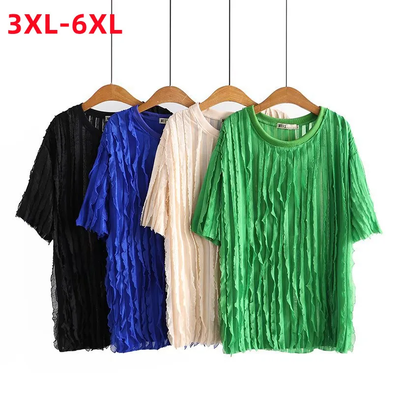 

New 2022 Summer Plus Size Knit Tops For Women Large Size Short Sleeve Loose Green Beige Fold T-Shirt 3XL 4XL 5XL 6XL