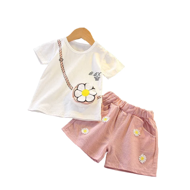 Kid Girl Clothes Summer Short Sleeve T-shirt Pant 2Pcs Set Sunflowers Bag Design Baby Costume Toddler Tracksuit Children A516