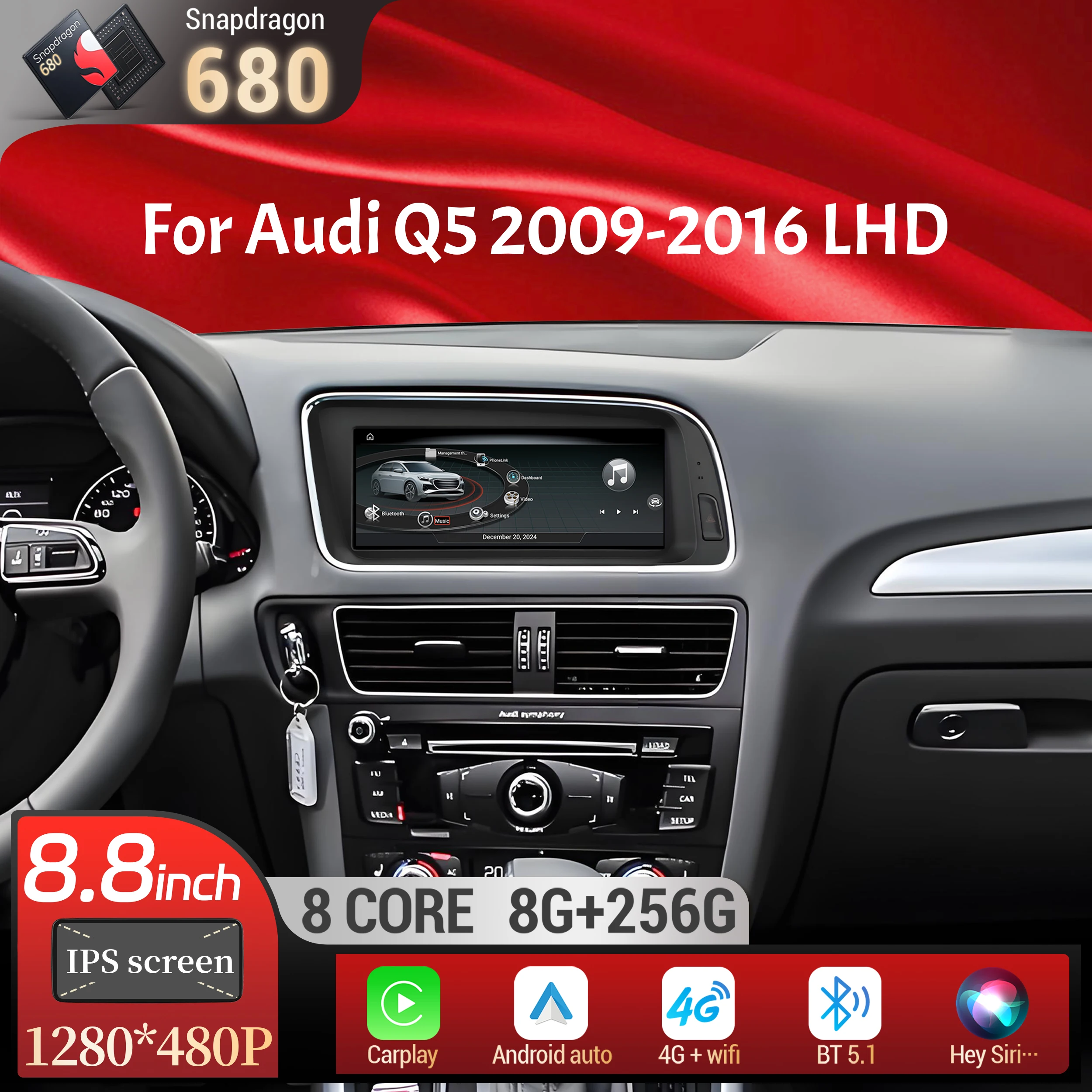 8.8 inch Left Hand Drive Android 14 For Audi Q5 2009-2016 Car Radio Wireless BT Carplay Qualcomm Snapdragon 680 Head Unit Screen