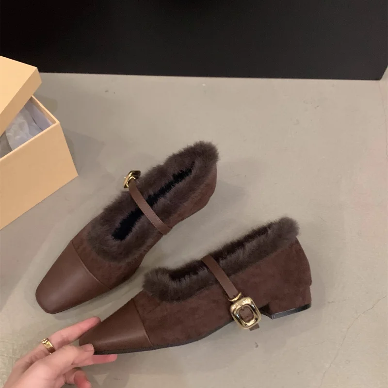 

Женские туфли на меху на каблуке, лоферы с квадратным носком, элегантные, новинка 2025, зимние женские туфли-лодочки на массивном каблуке, модельный бренд Zapatillas De Mujer