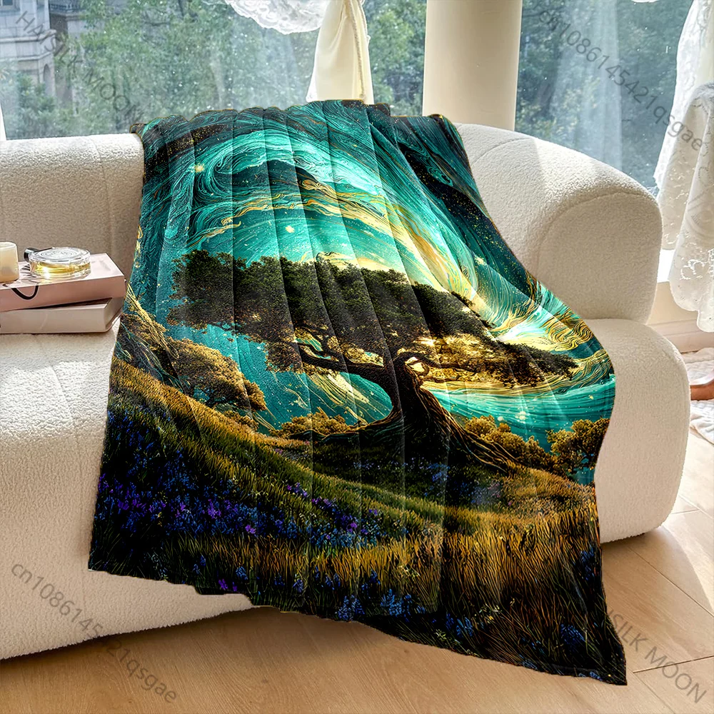 Swirling stars ancient tree meadow glow Print Blanket Warm Soft Fluffy Kids and Adult Sofa Bed Throw Outdoor Travel Camping RV