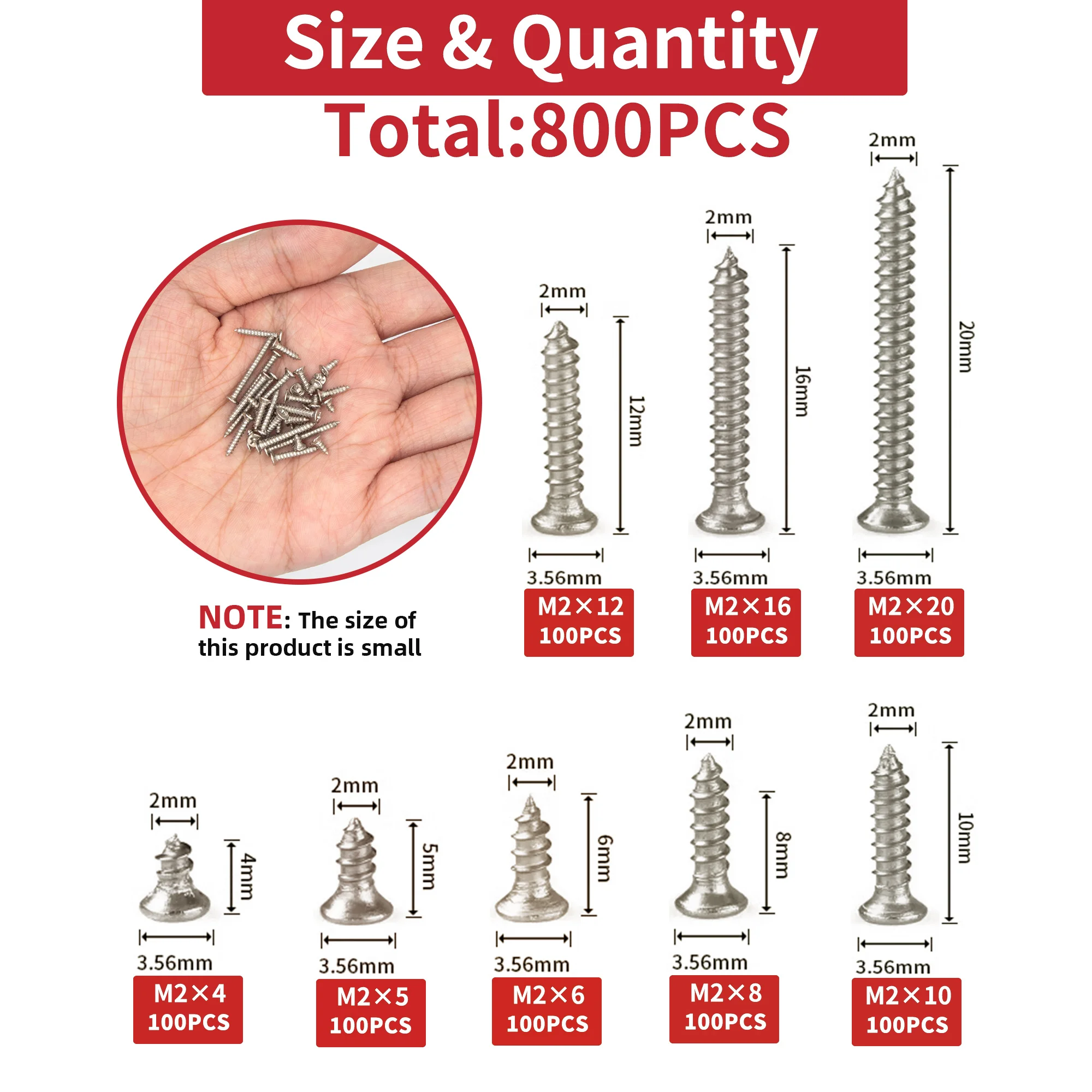 800 Pcs M2 Flat Head Self Tapping Screws Assortment Kit Lock Philips Cross-Recessed Screw Sets Various Length