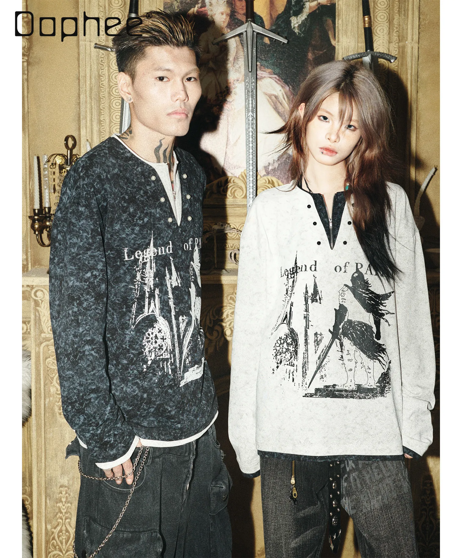 Spring and Autumn Men's Pearl Button Fake Two-Piece V-Neck Black Sweatshirt Couple Style White Letter Print Loose Casual Hoodie