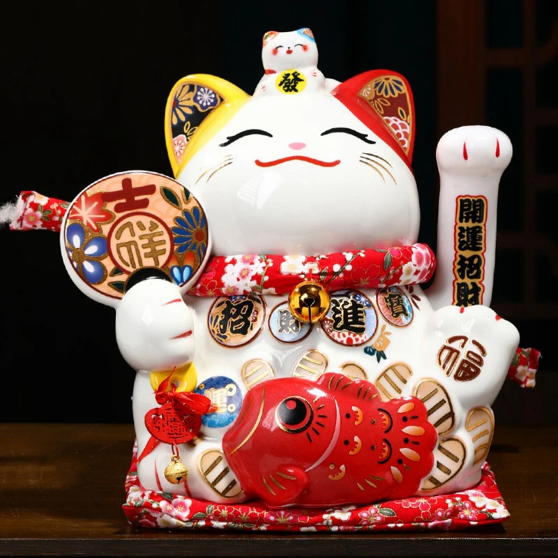 8.26 Inch Ceramic Beckoning Cat Red Lucky Cat Wealth Fortune Mascot USB Powered Waving Arm Kitten Maneki Neko Centerpiece
