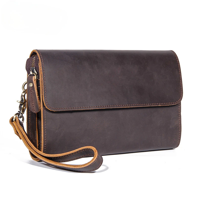 Men's Top Grain Cowhide Leather Clutch Bag 8 Inch Tablet Pouch Wear-resistant Handheld Business Purse