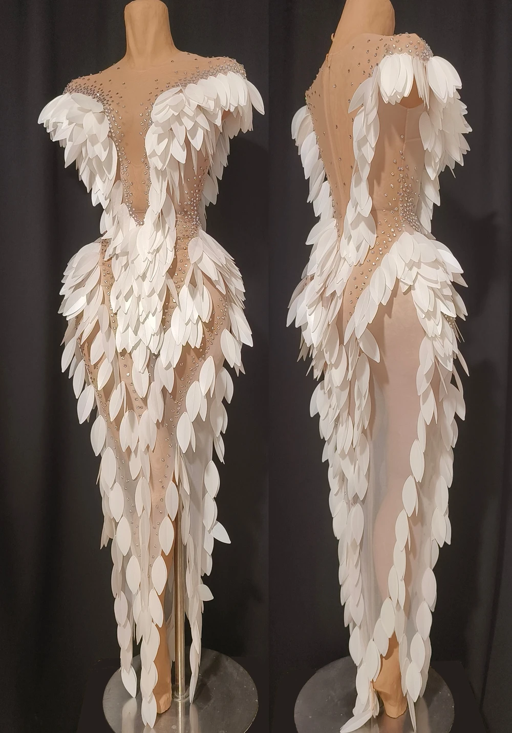 Sparkly Stones White Plastic Feather Shape Long Dress for Women Sexy Transparent Birthday Celebrate Evening Photo Shoot Wear view 2