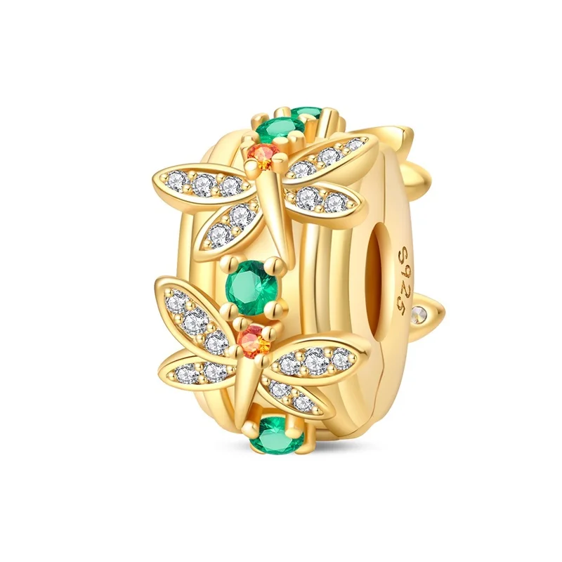 

Original 925 Sterling Silver Gold Dragonfly Clasp Charms Beads Zircon Dangle For Women Fine DIY Birthday Party Jewelry Gifts
