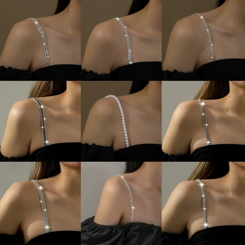 新しいシルバーメッキメタリックセクシーなラインストーンブラジャーストラップ女性のためのエレガントなクリスタルブラジャーショルダーランジェリーアクセサリー
