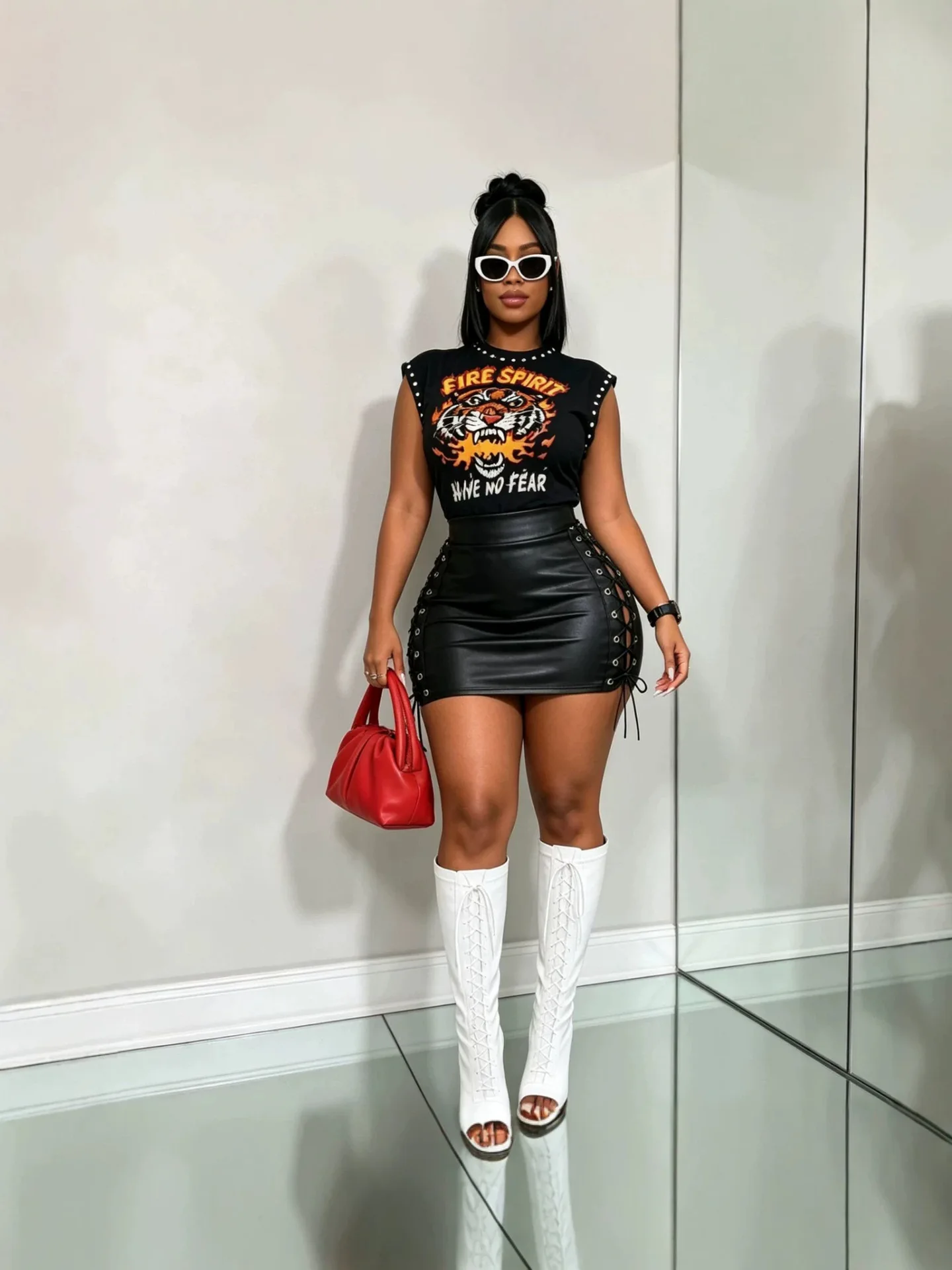 STYLISH LADY Y2K Two Piece Set Tiger Print Studded Sleeveless Top High Waist Lace Up PU Leather Bodycon Mini Skirt Outfits view 4
