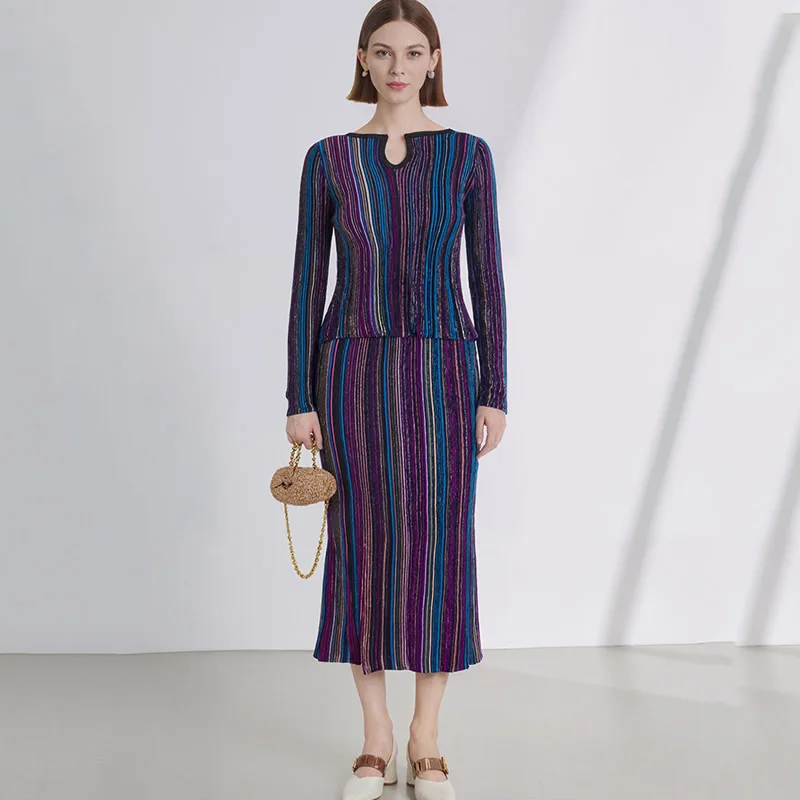 

New Gradient stripe women knitted cotton dress long sleeve Peplum OL dresses