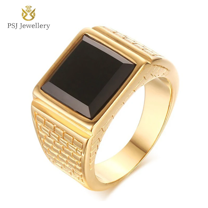 

PSJ Fashion Male Jewelry 13mm Black Agate Inlay 24K Gold Plated Titanium Stainless Steel Rings for Men