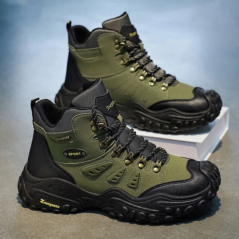 Men's High-Top Large Size Solid Color Versatile Outdoor Adventure Hiking Boots, Suitable for Outdoor Hiking, Travel, Camping, Mountaineering, and Wild Fishing