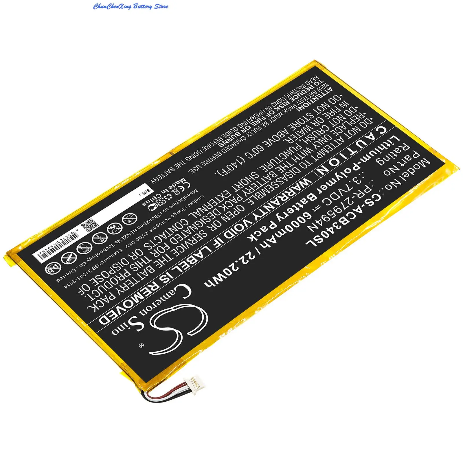 

Аккумулятор 6000 мАч PR-279594N для Acer Iconia One 10 B3-A40, ПРИМЕЧАНИЕ: для версии 6-контактного разъема