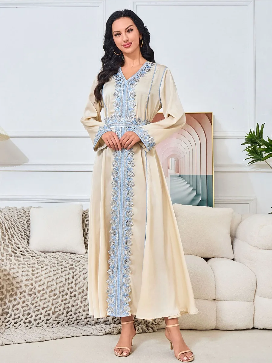 Eid Satin Party Dress for Women Muslim Abaya Embroidery Lace-up Jalabiya Party Dresses Morocco Vestidos Kaftan Long Robe 2024