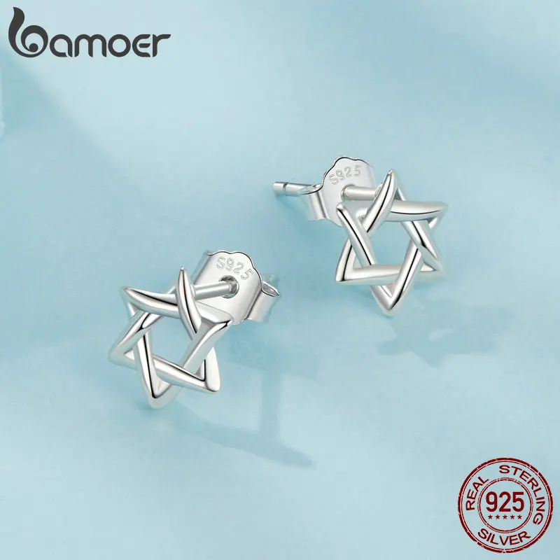 BAMOER Solid 925 Sterling Silver Star of David Earrings Star Shape Minimalist Small Studs Daily for Women Fashion Jewelry