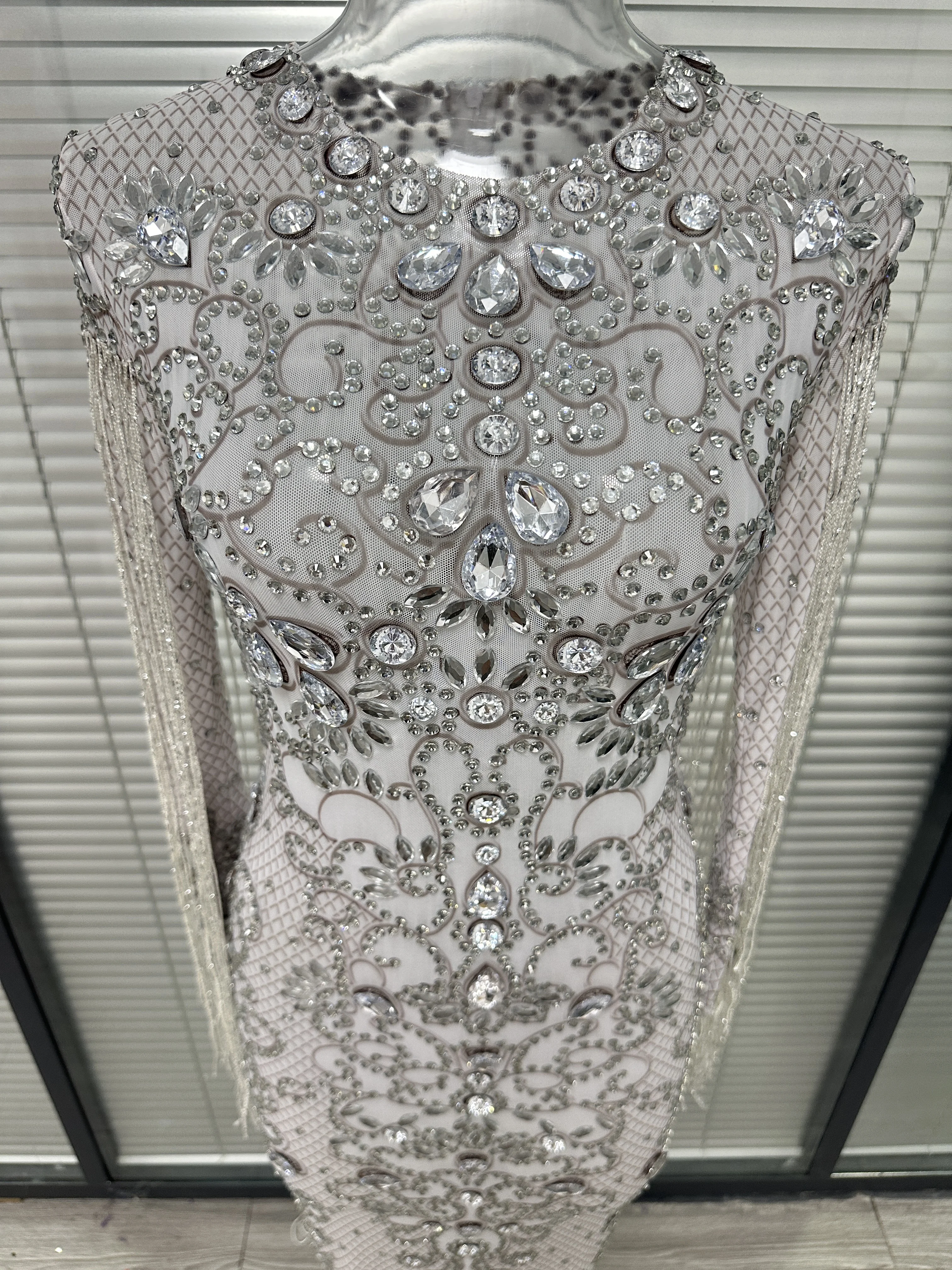 Sparkly Rhinestone Fringe See Through Mesh Tassel Cocktail Dress Elegant Woman Party Celebrate Outfit Birthday Prom Costumes