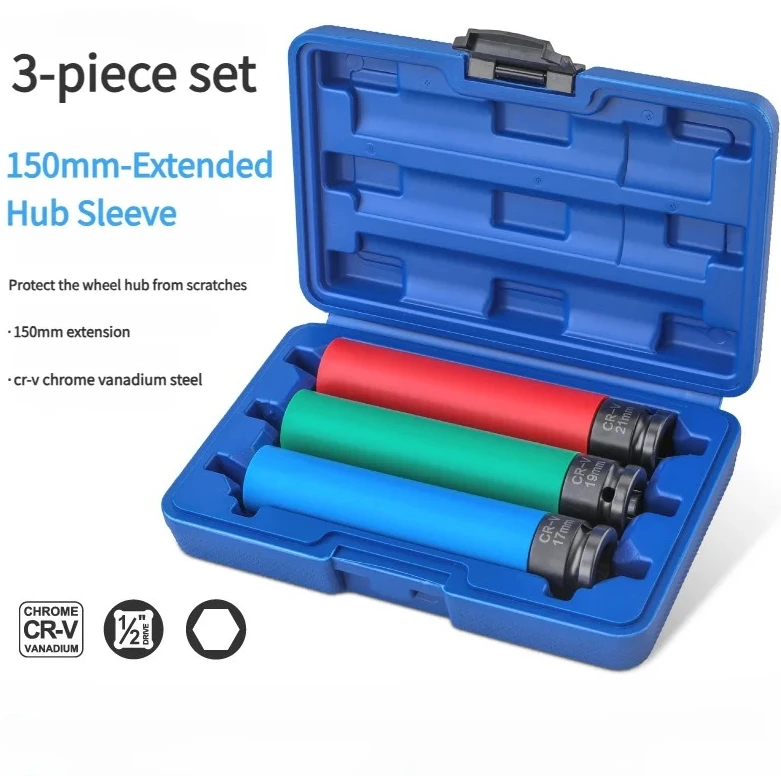 3Pcs 17mm, 19mm, 21mm Wheel Protector Thin Wall Impact Socket Lug Nut Socket Set 1/2 Inch Driver 150mm Extended Wheel Hub Sleeve