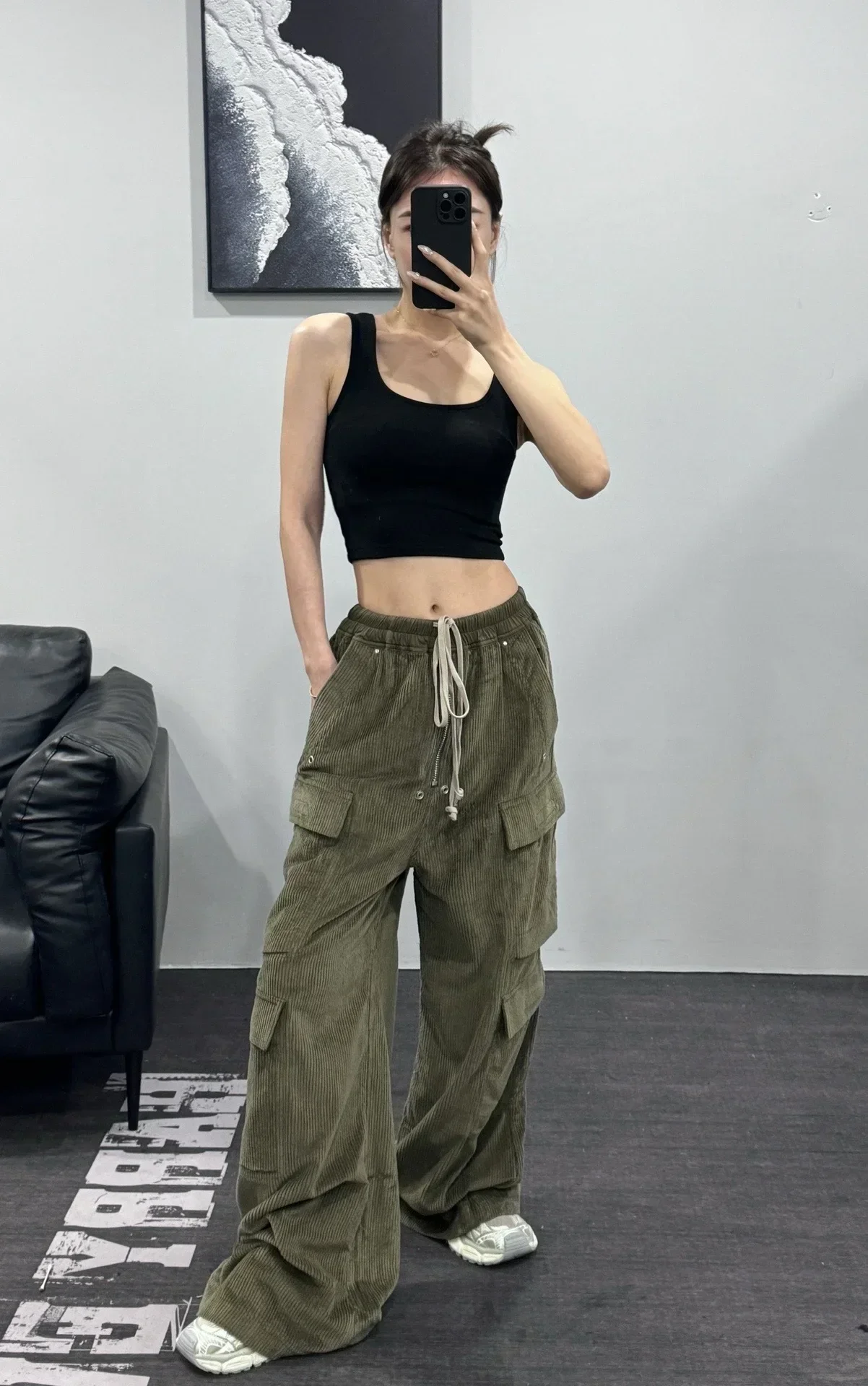 24ss Spring Rick Pants for Men High Street Women Wide-legged Full Length Pants 1:1 Hot Sale Ro  Corduroy Cargo Pants