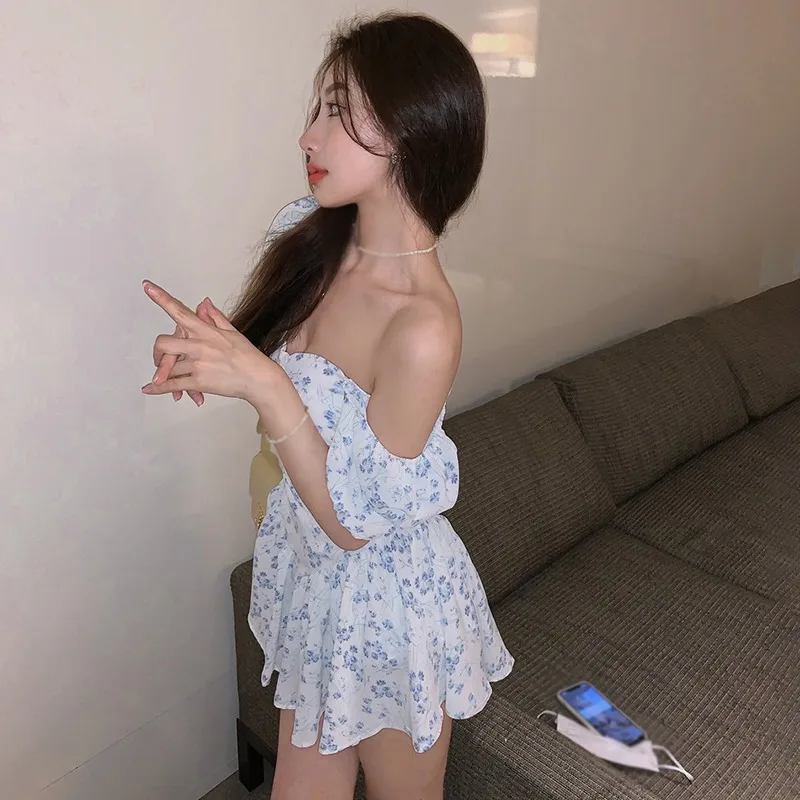 Floral Dress For Women Puff Sleeve Square Collar Short Sleeve Skirt Sexy Off Shoulder Dress Female Summer Cute Beach Dress