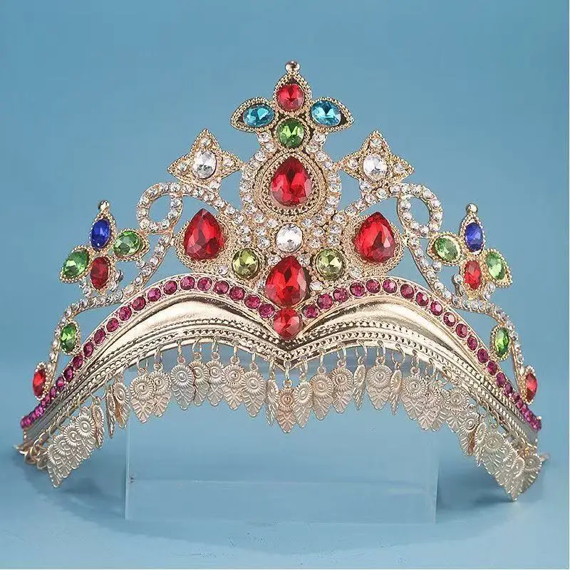 Bohemian Multicolor Rhinestone Tiara Gold Tone Tassel Crown Vintage Baroque Queen Headpiece for Wedding Pageant Cosplay Party Br