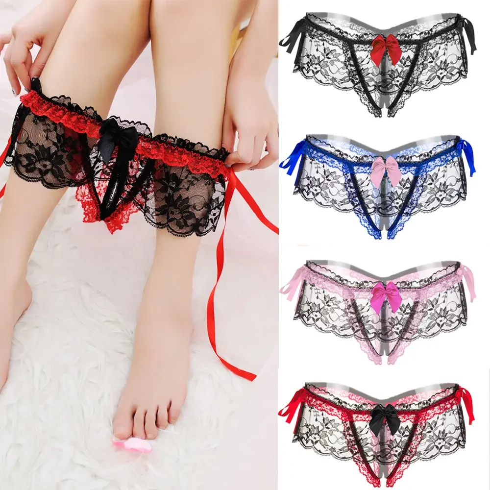 Women Lace Sexy Lingerie,Low Waist Thin Thong,Erotic Lingerie Open Crotch Hot Lady Panties,Floral Lace Briefs With Cute Bow Center,Soft Stylish Brief For All Seasons