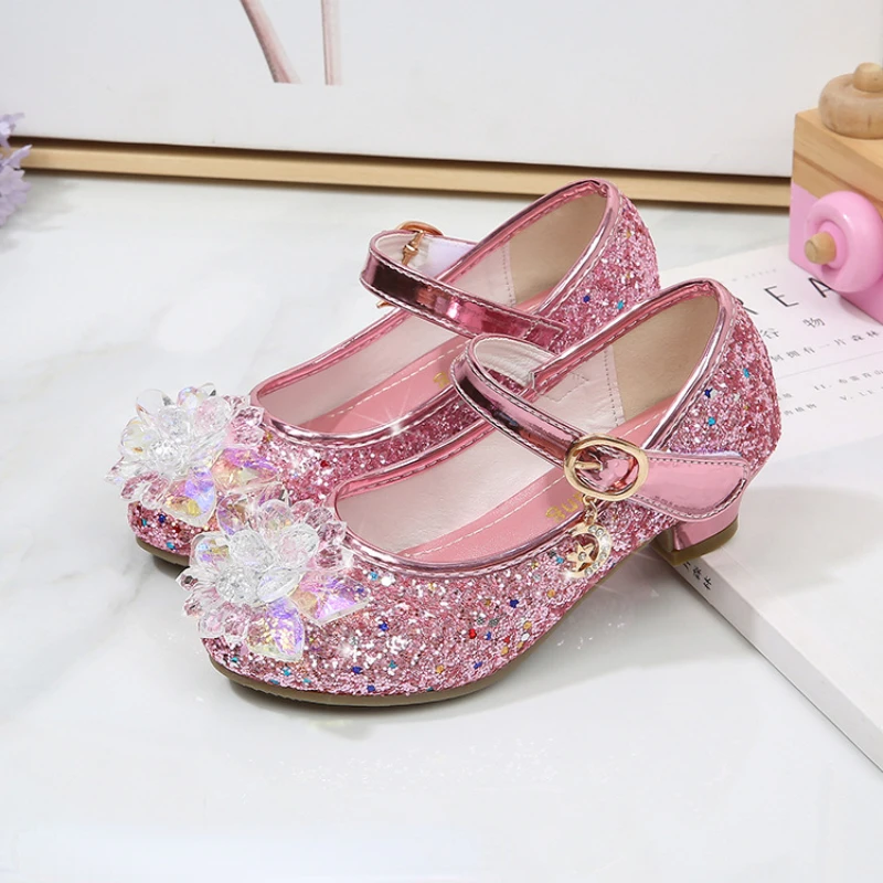 Girls Princess Leather Shoes Crystal Kids Sequins High Heel Shoes Fashion Luxury Rhinestone Children\'s Glitter Dance Dress Shoes