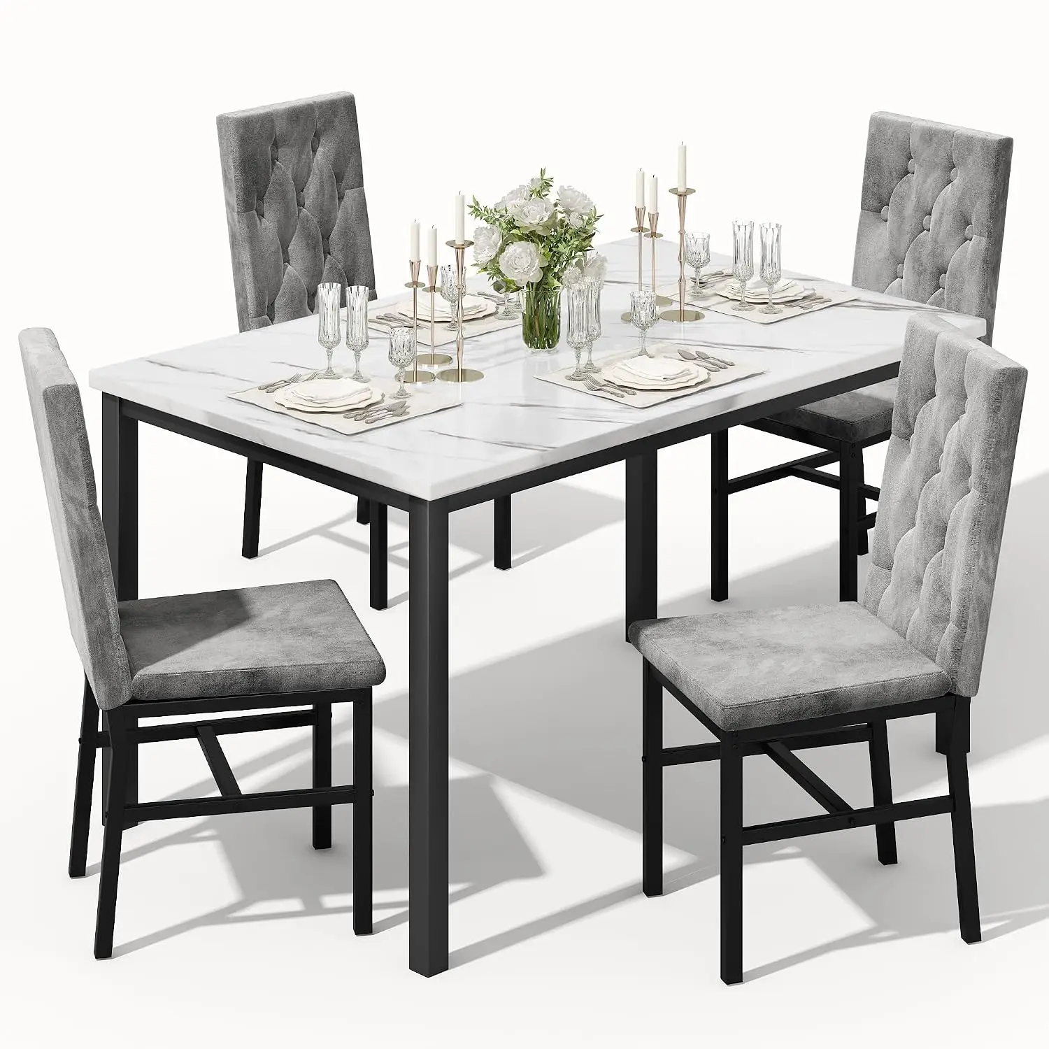 Dining Table Set for 4, Faux Marble Small Kitchen Table Chairs Set of 4 with Luxurious Button Tufted Dinner Chairs for, Custom