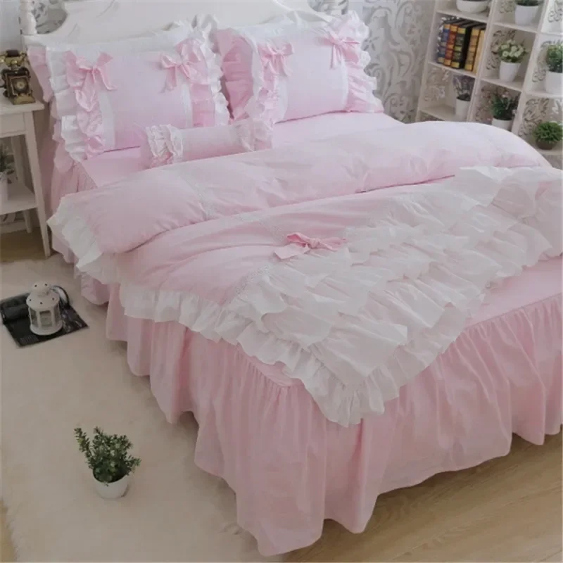 New luxury layers bedding set sweet princess bow ruffle duvet cover wedding bedding pink bed sheet girl baby bed skirt cover