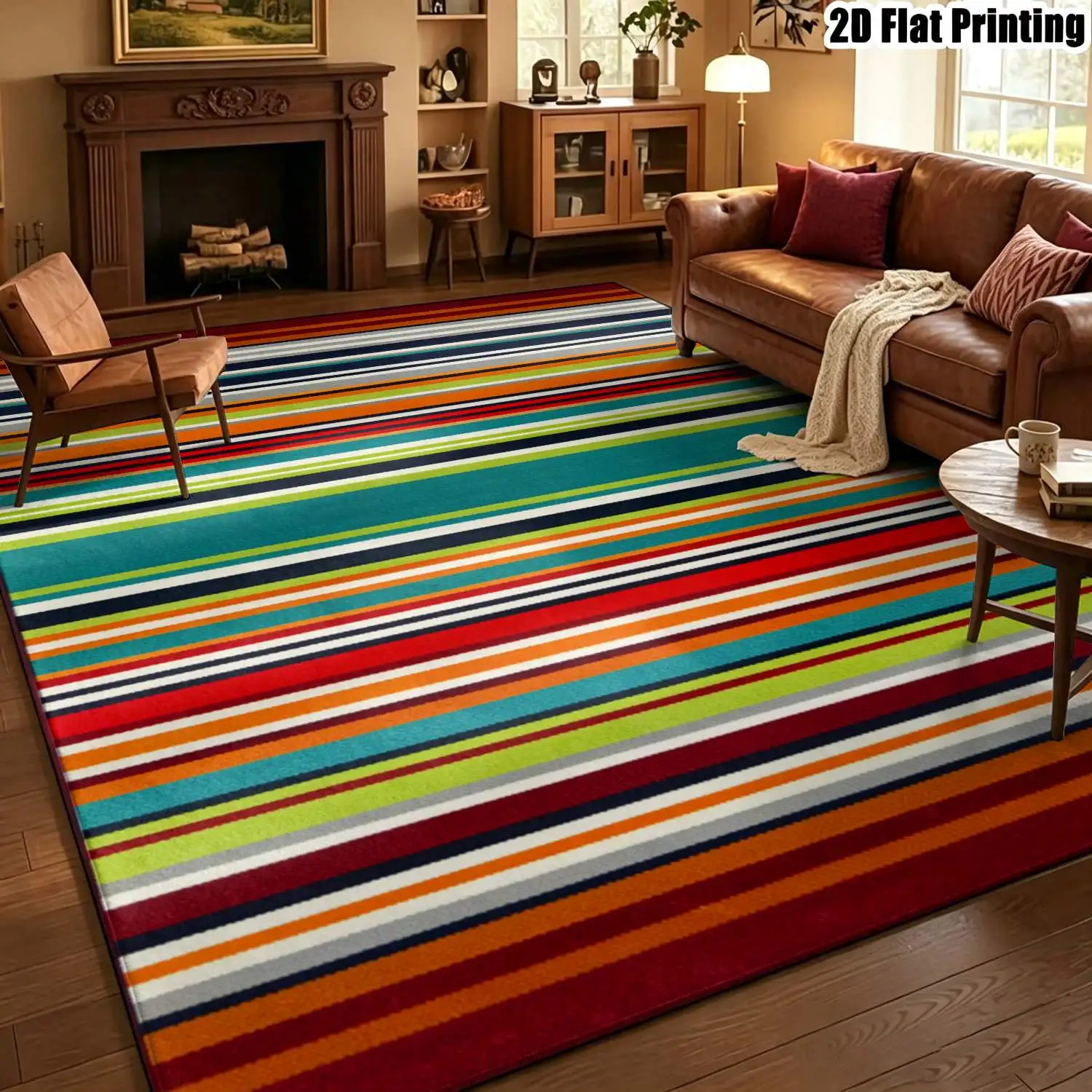 1Pc 2D Printed Colorful Contrast Striped Carpet Modern Simple Instagram-Style Decor Mat, Machine Washable, Multi-Size for Home Multi-Scene