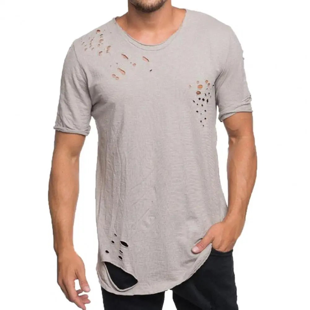 Thin Hip Hop Men T-shirt Sport Solid Color Irregular Holes Fitness T Shirt Men Summer Top T-shirt Male Clothes