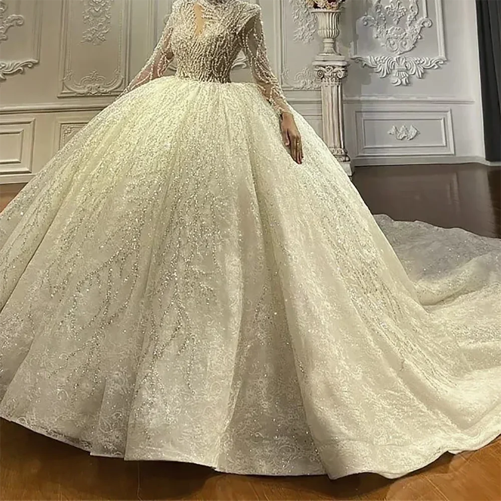 

Luxury High Collar Beading Full Sleeve Ball Gown Bride Wedding Dresses Bridal Gowns Customized