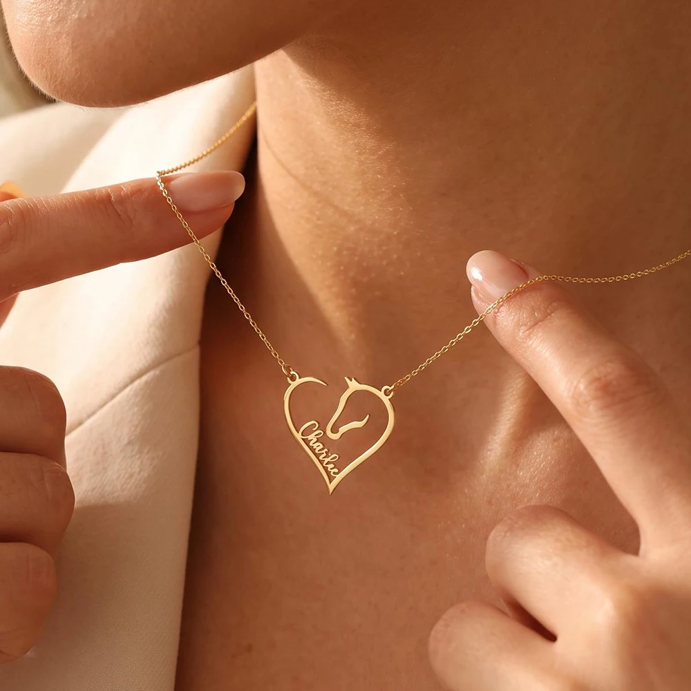 18k Gold Plated Heart Horse Necklace Custom Love Name Stainless Necklace Sterling Equestrian Jewelry Dainty Horse Lover Gifts