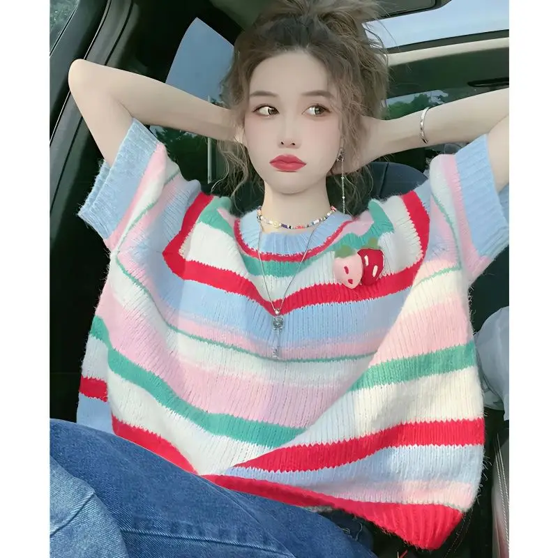

Striped Knitted Short-sleeved T-shirt Chic Sweet Women's 2025 New Niche Loose Crew Neck Versatile Niche Casual Top