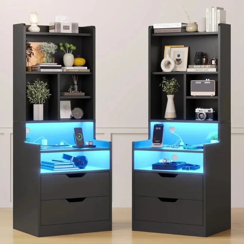 Charging Nightstand Set of 2 with LED Lights,Tall Night Stand with Bookshelf,Bedside Table with Drawers
