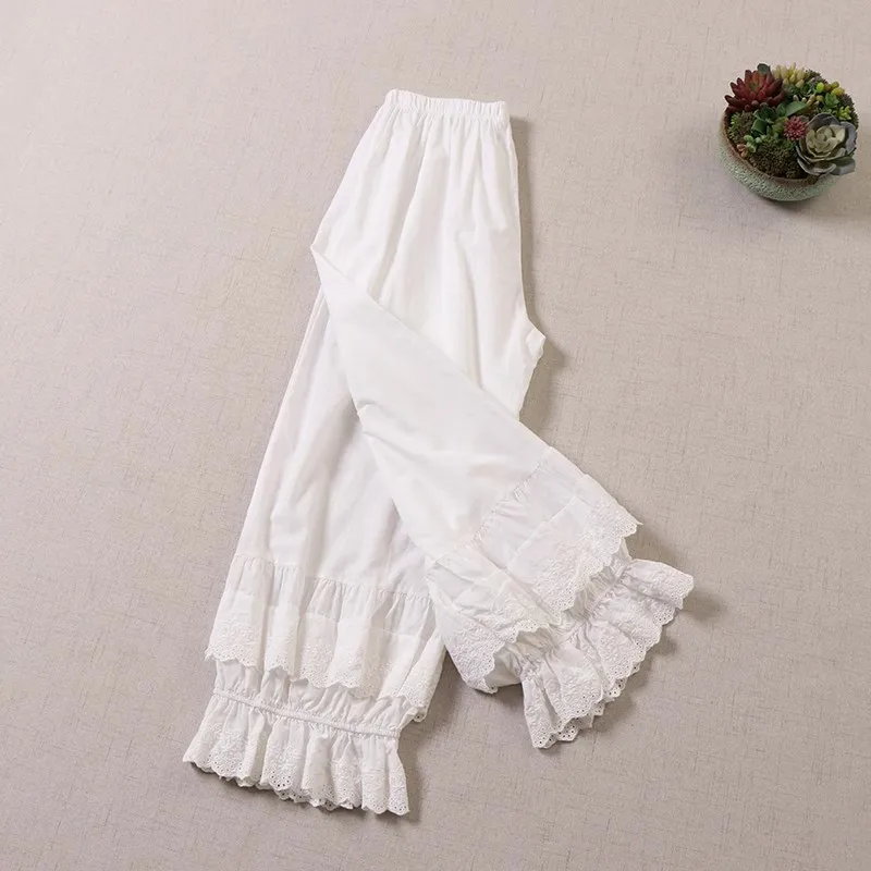 Japanese-Style Mori Girl Sweet Double-Layer Embroidered Lace White Wide-Leg Pants New Loose High-Waisted Casual Pure Cotton Cropped Pants
