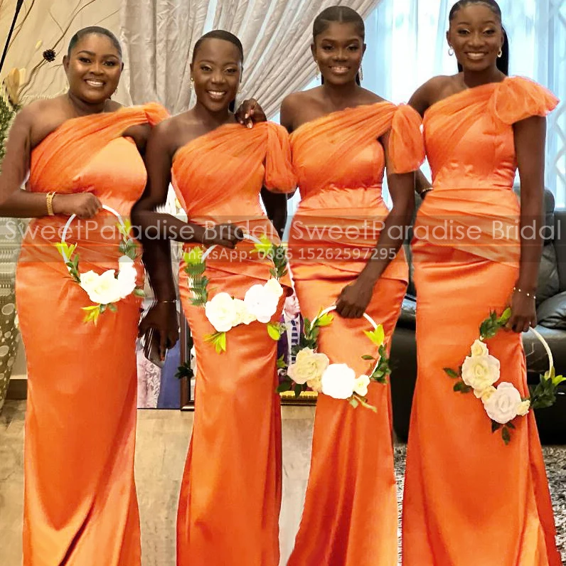 Orange Long Mermaid Bridesmaid Dresses Customized One Shoulder Plus Size Women Sleeveless Trumpet Wedding Guest Dress Party