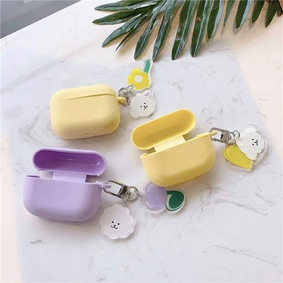 キーホルダー付きデラックスシリコンヘッドセット,Airpods 4, Airpod Pro 2,かわいいクマ,花,3用ケース