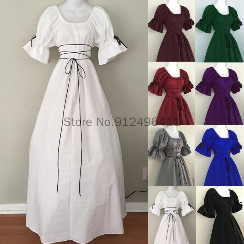 Women Medieval Retro Cosplay Dress Gothic Renaissance Victorian Chemise Costume Peasant Wench Bandage Ruffle Sleeve Dress NSD76