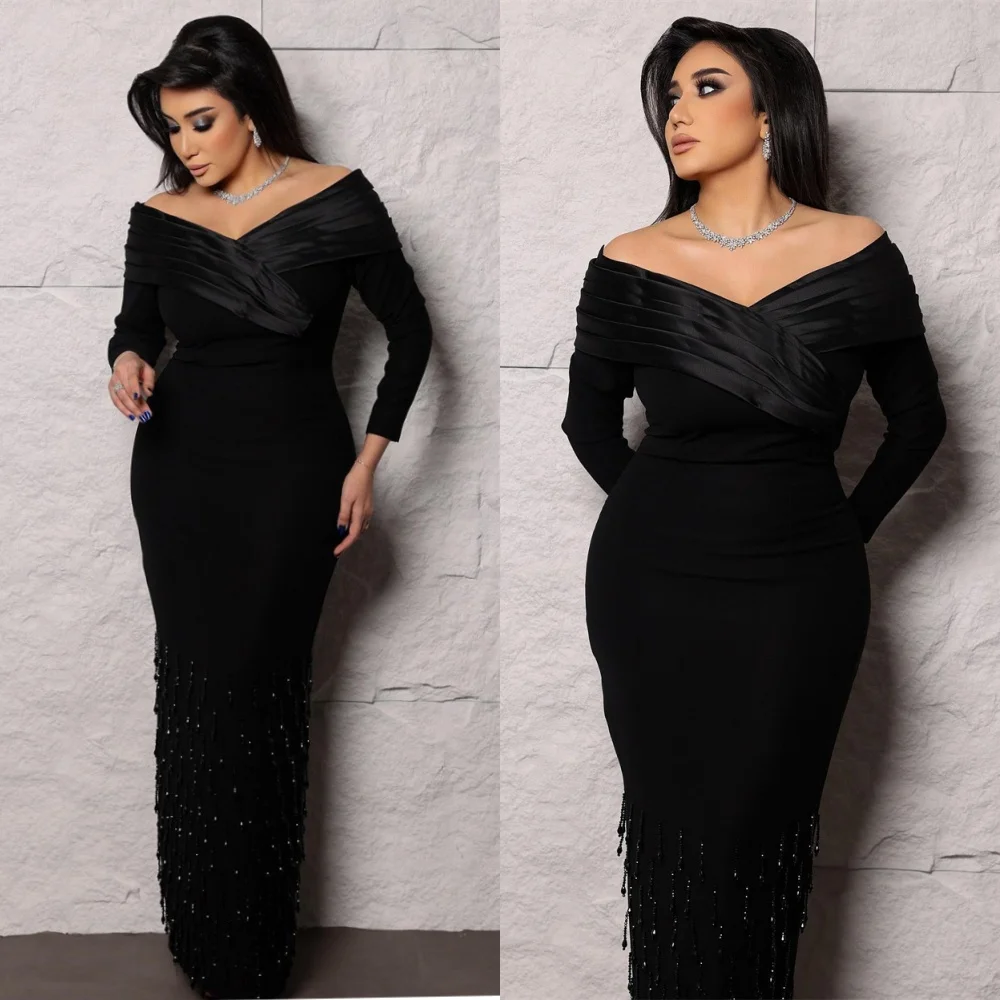 Aangepaste zeemeermin moderne zwarte jersey avondjurk Prachtige off-shoulder lange mouwen Celebrity-jurken Luxe feestjurken