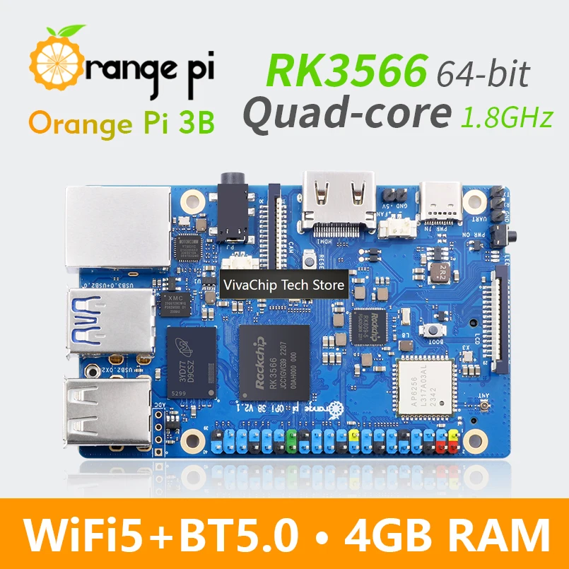 VivaChip TechOrange Pi 3B 4GB RAM Single Board Computer RK3566 1.8GHz WIFI-BT Gigabit 4K Video Demo Board Run Android Linux Open
