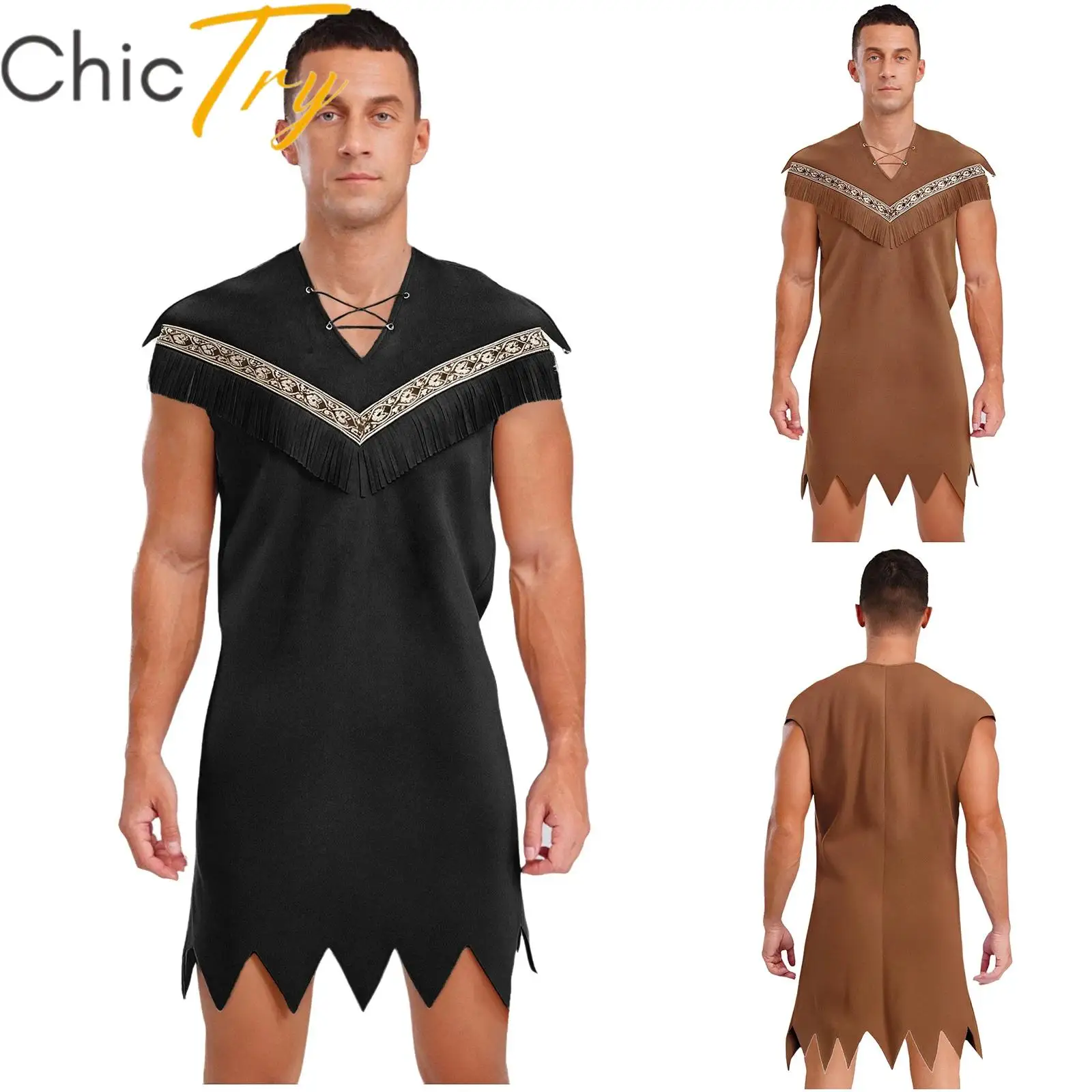 

Indian Indigenous Costumes for Mens Savage Halloween Cosplay Aboriginal Outfit Hunter Sleeveless Fringe Carnival Party Dress Up