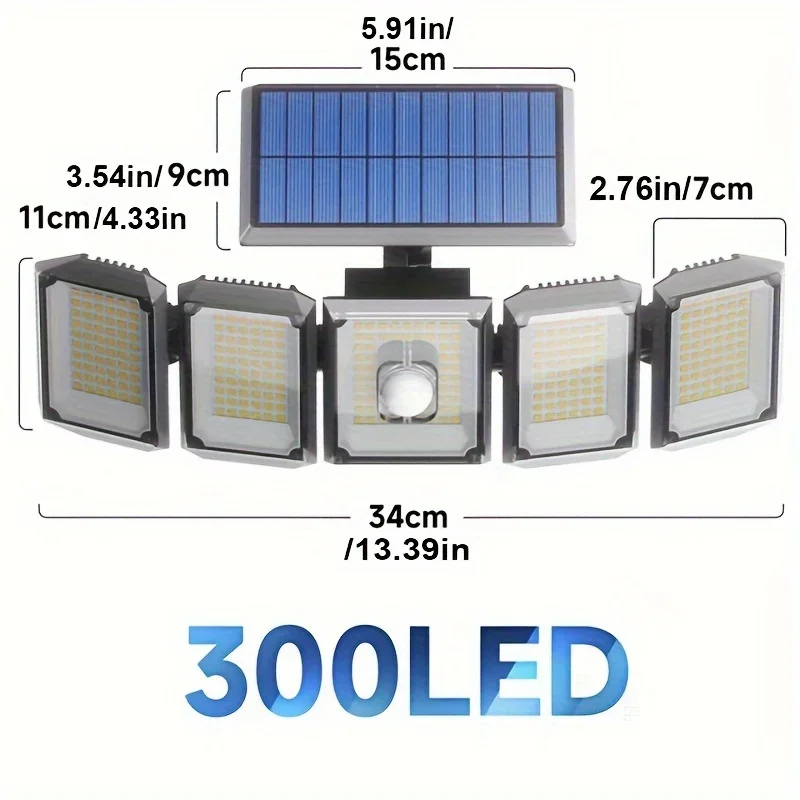 5 Heads Solar 300 LED Light Outdoor Motion Sensor Wide-angle Illumination Wall Lamp Garden Courtyard Street Lights