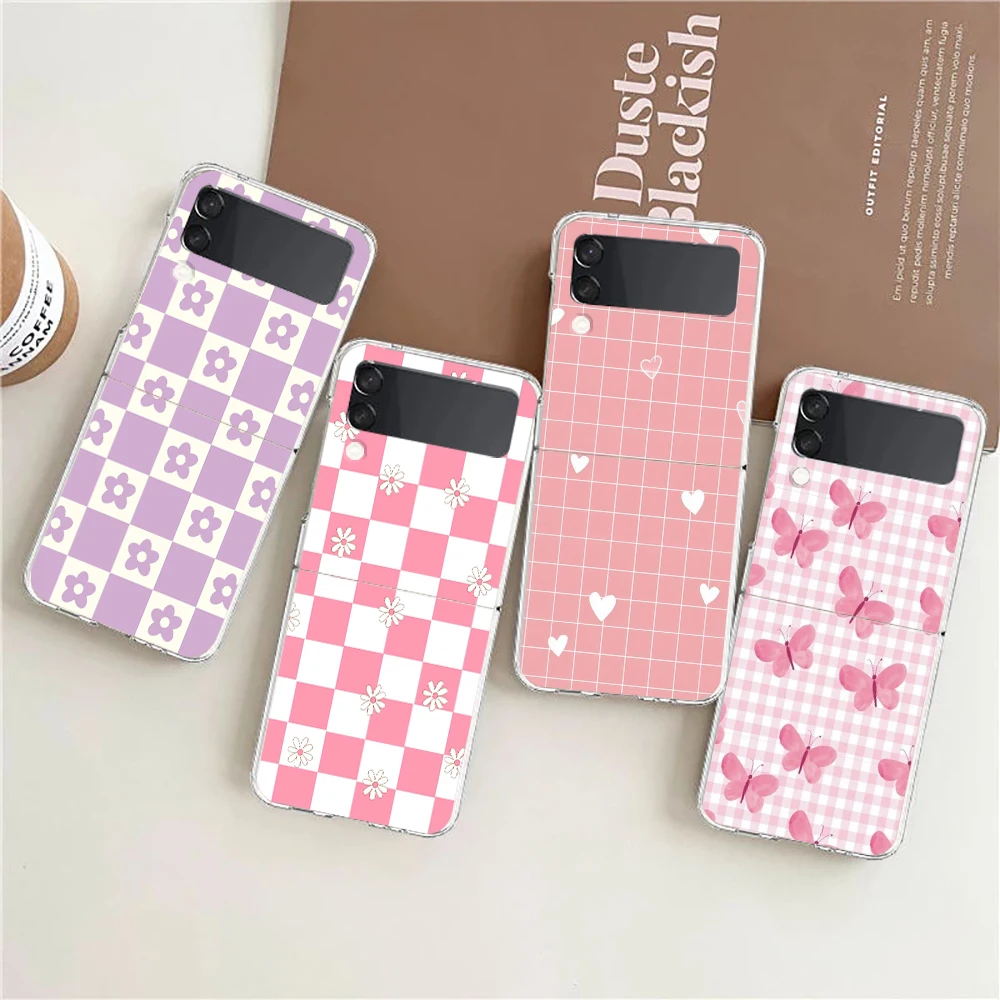 Phone Case For Samsung Galaxy Z Flip 3 4 5 Hard Folding Clear PC Bumper For Samsung Z Flip 6 Back Cover Pink grid