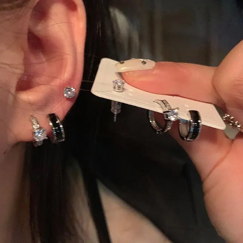 3Pairs Silver Earring Set Sparkling Cubic Zirconia Black Enamel Design For Daily Party Dating Women Jewelry Accessory