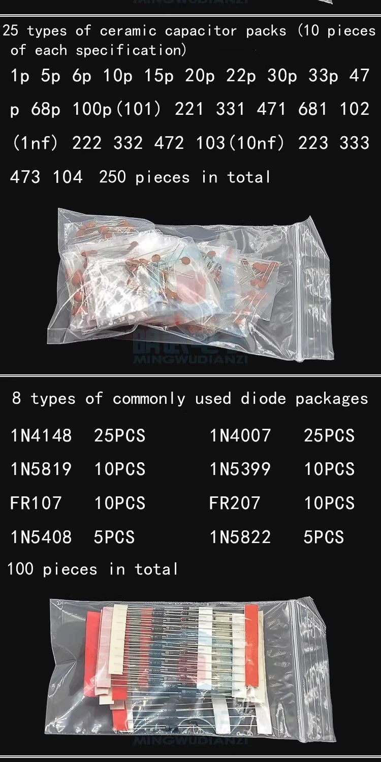 7-Komponenten-Set: Widerstandspaket, Elektrolytkondensatorpaket, LED-Leuchtdiodenpaket, Transistorpaket, Keramikkondensator – Detail 6