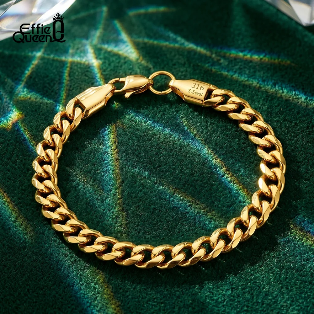 EFFIE QUEEN Chunky 7MM Curb Chain Bracelets Stainless Steel Cuban Link Chain Wristband Hip Hop Punk Jewelry Waterproof HTNCB02