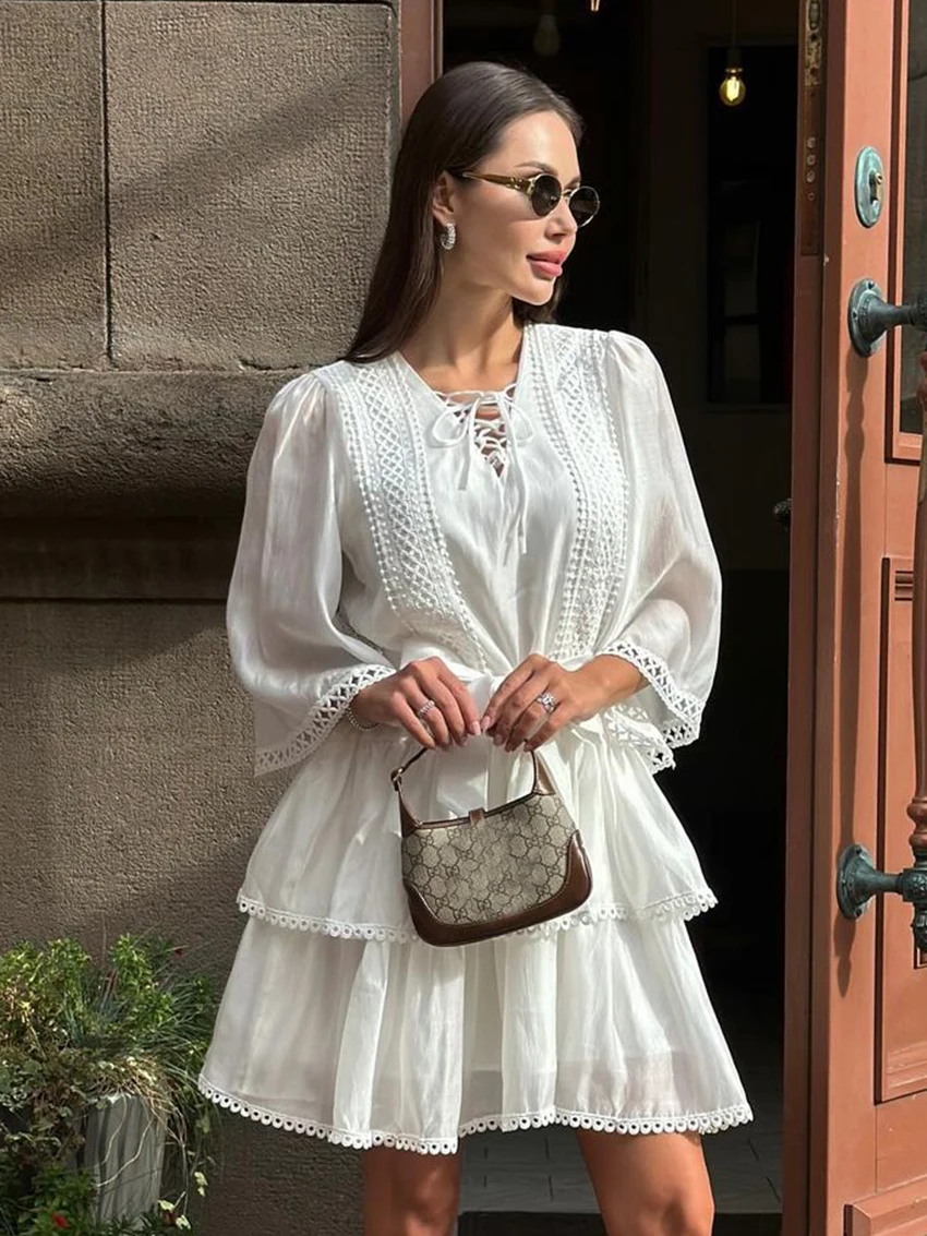 Marthaqiqi Elegant Women Sleepwear Sexy V-Neck Pajama Lace Up Nightie Three Quarter Sleeve Nightwear Mini Dress Ladies Nightgown