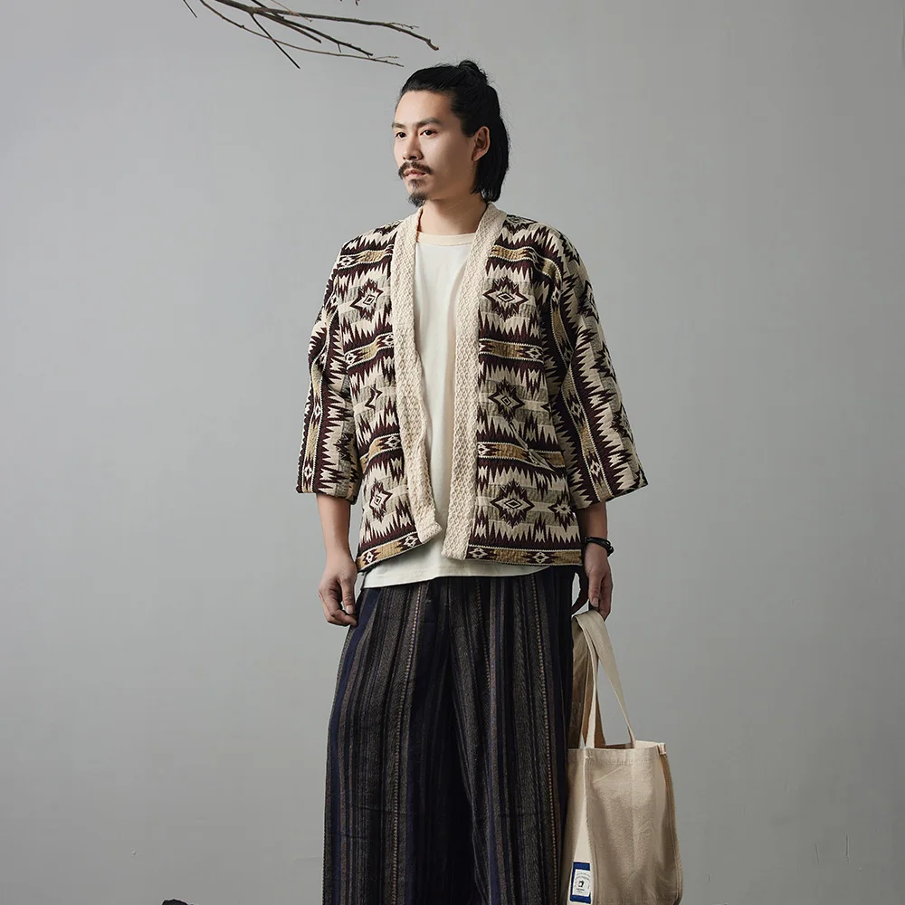 

New Style Jacket Japanese Retro Robe Coat Indian Pattern Yarn-Dyed Loose Casual Versatile Shoulder Robe