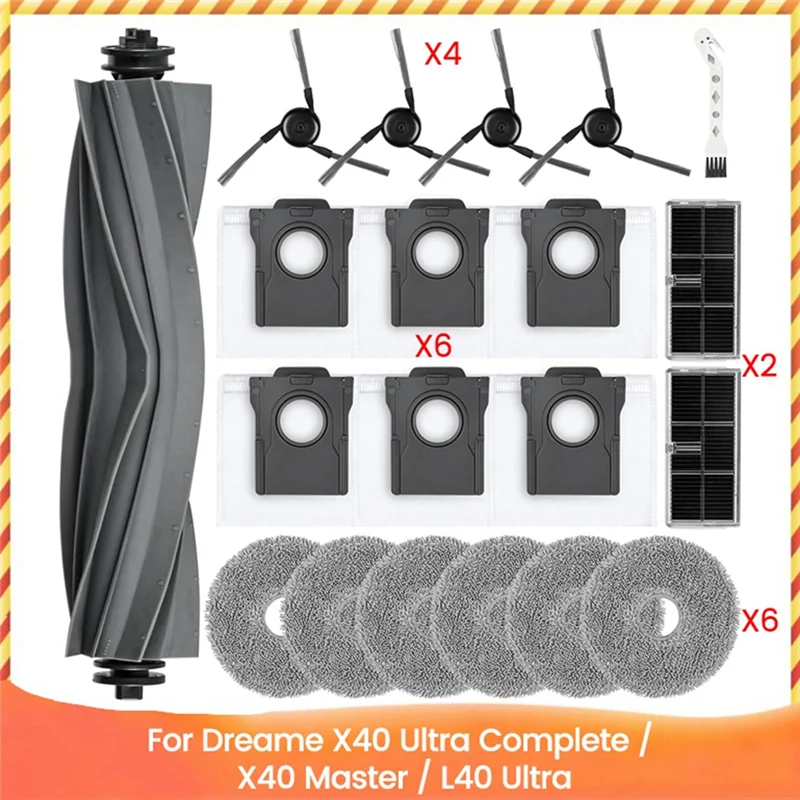WORTHOWN-20PCS For Dreame X40 Ultra Complete/X40 Master/L40 Ultra Robot Vacuum Parts Main Side Brush Mop Cloth Dust Bags Filters