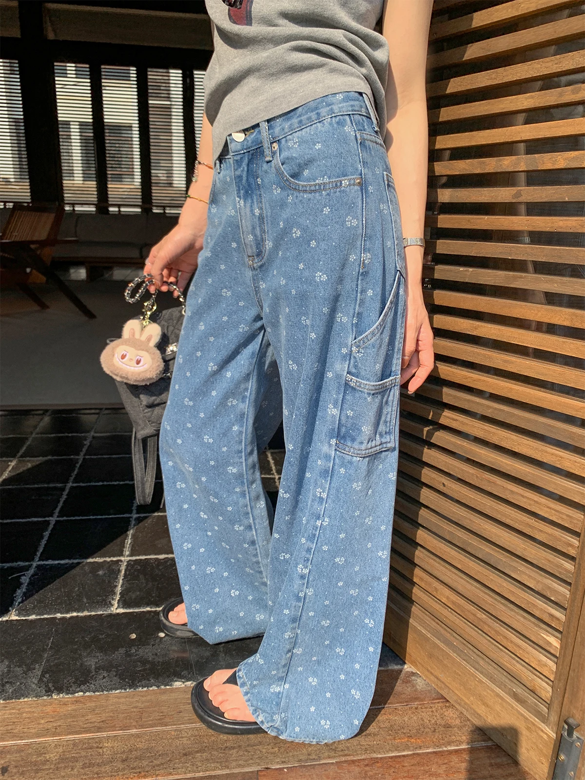 

Sisilyon Printed Wide Leg Jeans Women's Thin Design Spring Summer Waed Blue Workwear Sle Casual High Waist ket Detail